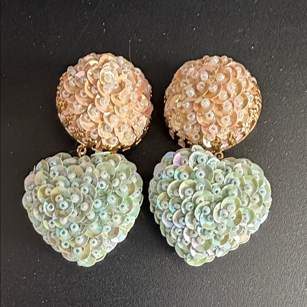 Vintage Elegant Sequin Puffy‎ Heart Earrings Clip on